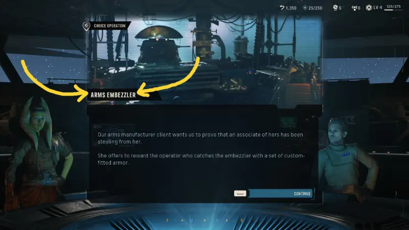 Choice operation screen with the mission name in the top banner