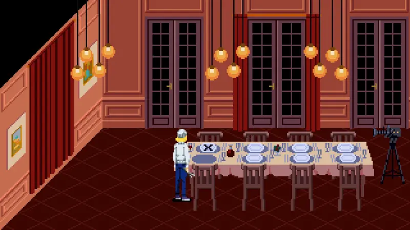 The dinner plates on the dining room wall, with the upper-left plate marked