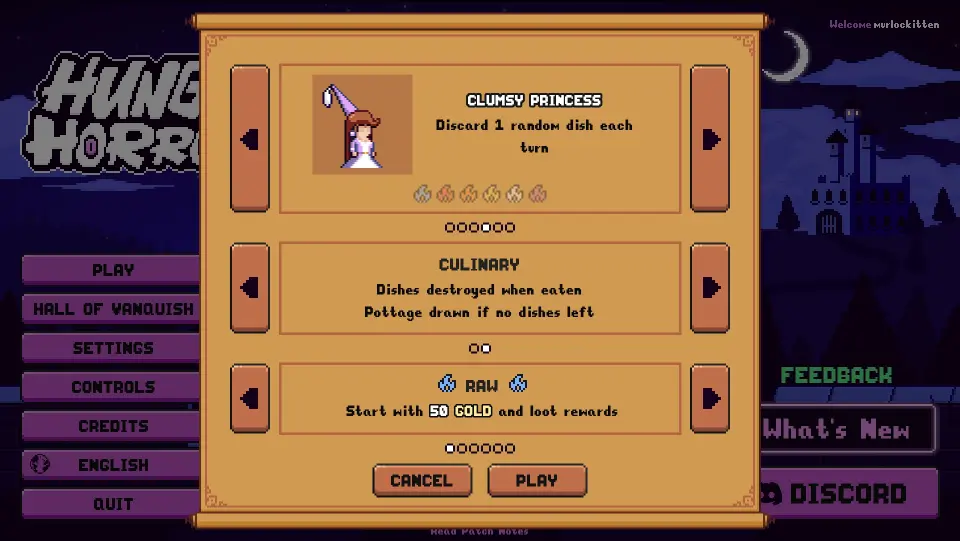 Setup screen with Clumsy Princess, Culinary mode, and Raw difficulty selected
