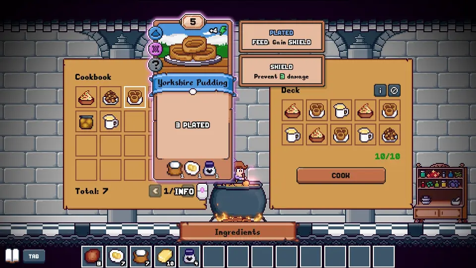 An example starter deck with chained dishes and one healing dish