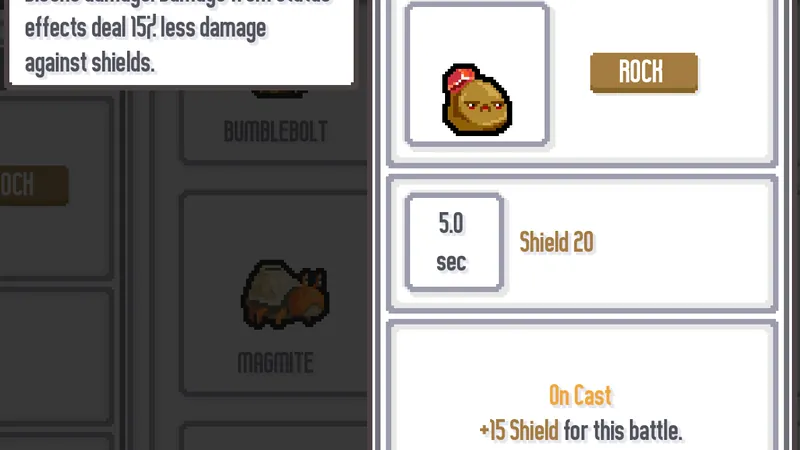 Detailed info pane of Pebbler, a Common Rock monster with a 5.0 sec cooldown and Shield 20