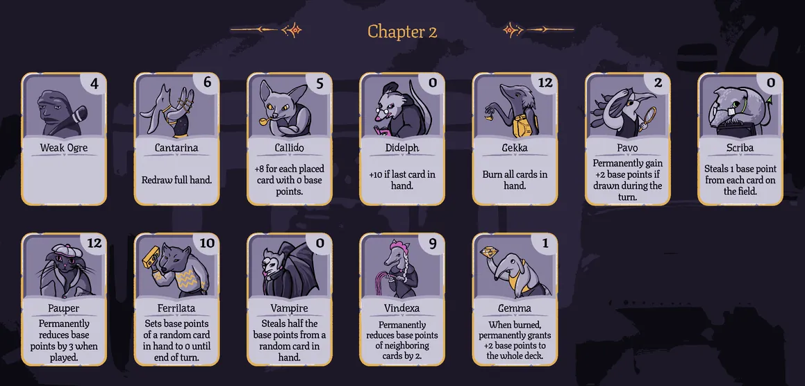 Bestiary page with the Chapter 2 cards