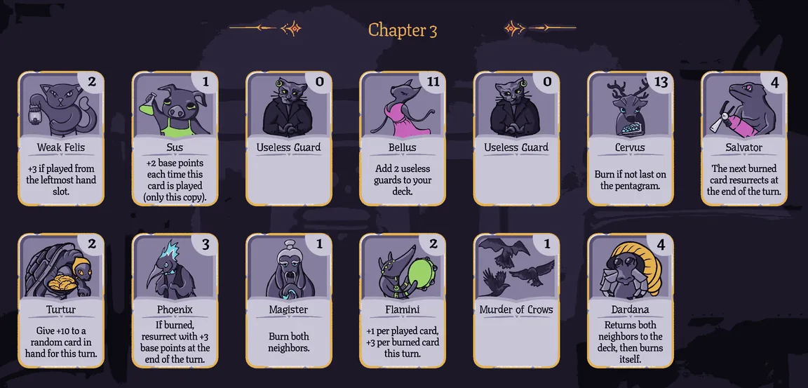 Bestiary page with the Chapter 3 cards
