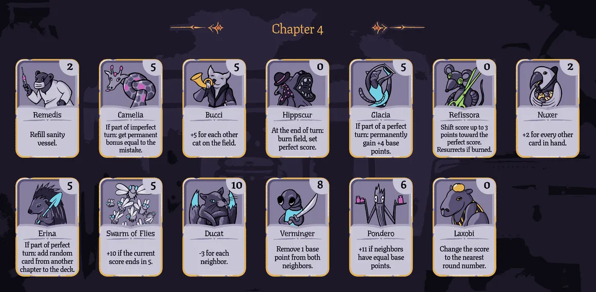 Bestiary page with the Chapter 4 cards