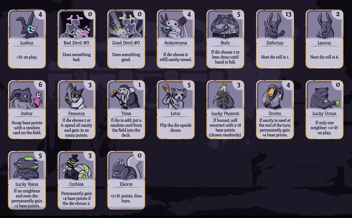 Bestiary page with the Chapter 5 cards and Devils
