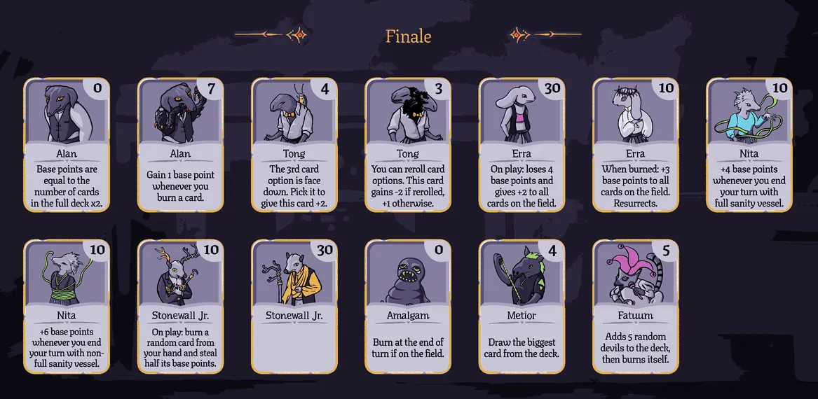 Bestiary page with the Finale cards