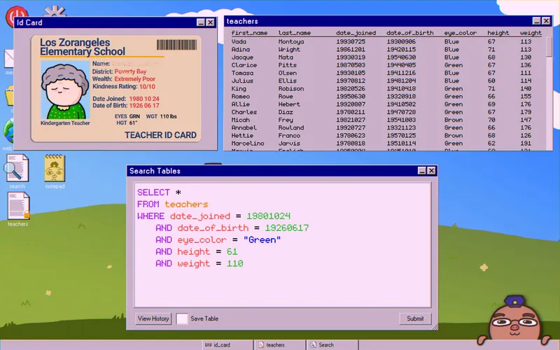 Teacher ID card next to the teachers table and the search query
