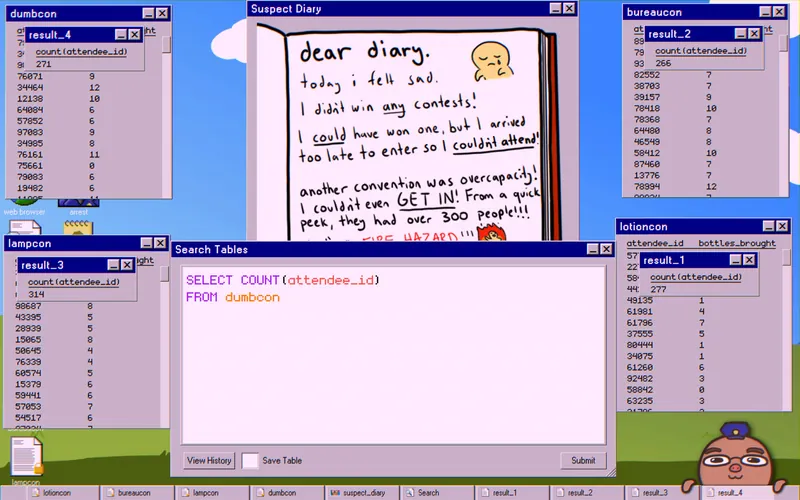 Suspect diary clue and the attendance count query for each convention