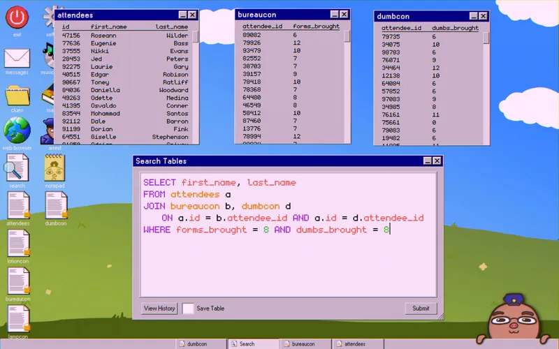 Final join query across attendees, bureaucon, and dumbcon