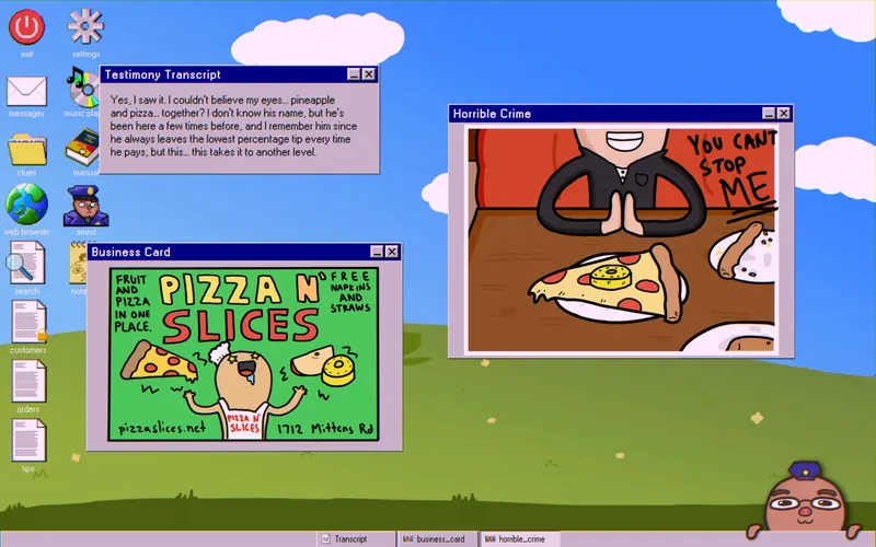 Waitress testimony, pizza business card, and pineapple pizza clue photo
