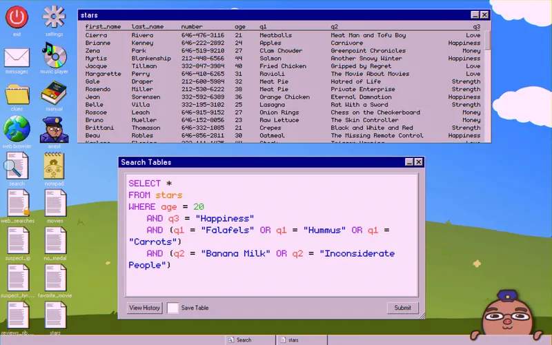 stars table query with all the suspect's clues