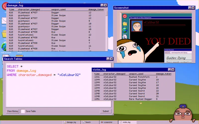 Screenshot clue showing the death screen and the victim_log query