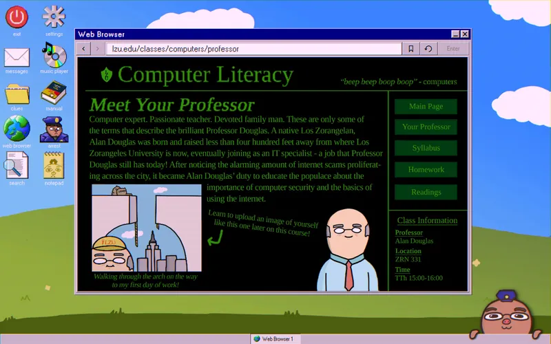 Computer Literacy "Your Professor" page with Douglas walking through the arch