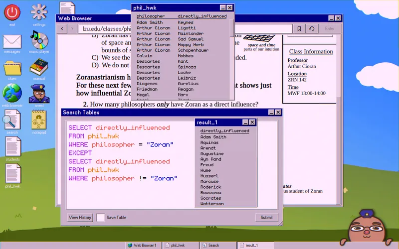 EXCEPT query listing philosophers influenced only by Zoran