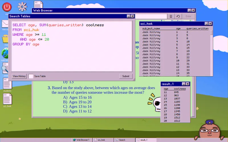 Query grouping ages 11 to 20 by total queries written