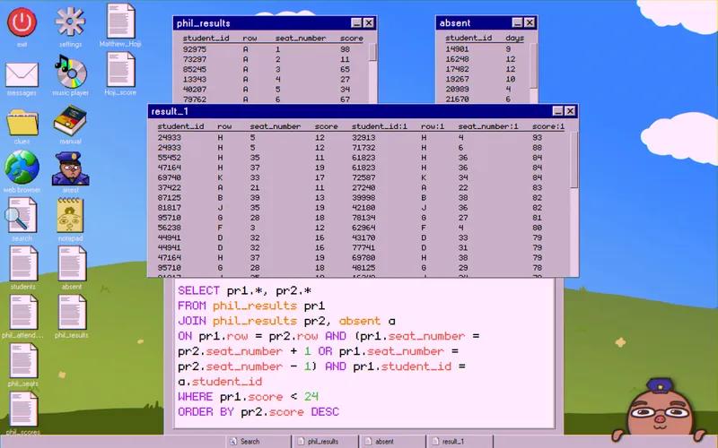 Self-join of phil_results with the absent table