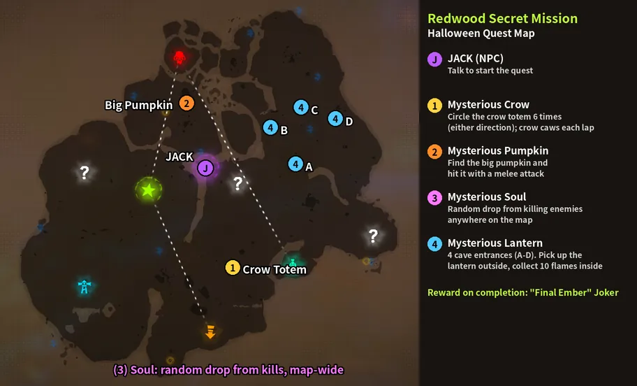 Redwood map with JACK, the crow totem, the big pumpkin and cave entrances A to D marked