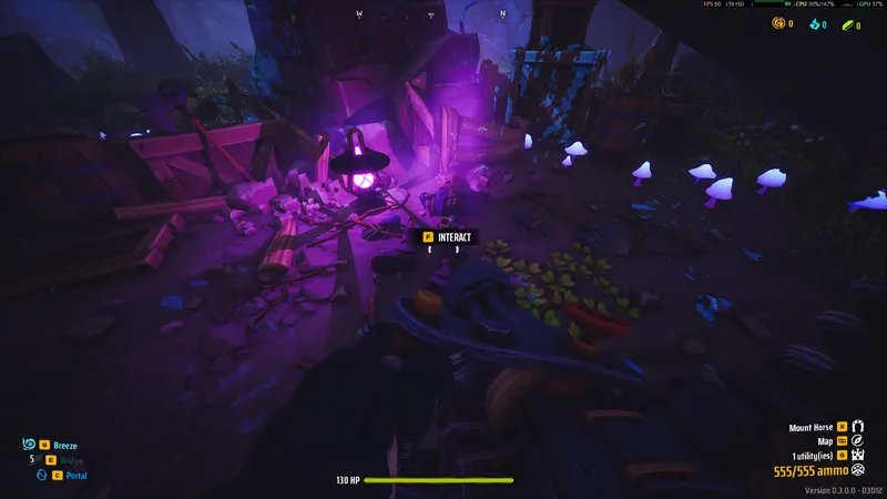Glowing purple cauldron with an Interact prompt