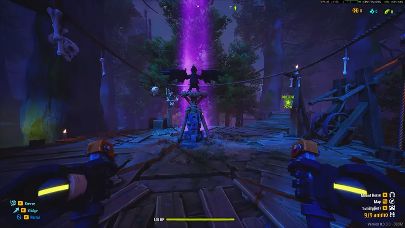 Crow totem under a purple light beam
