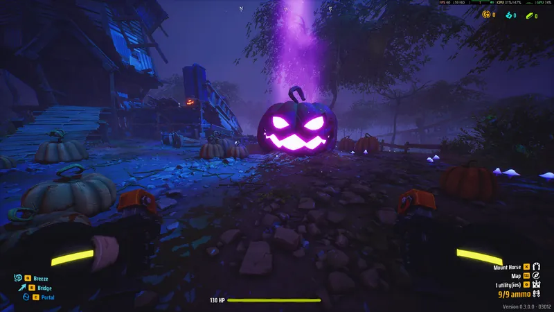 Big glowing jack-o'-lantern under a purple light beam