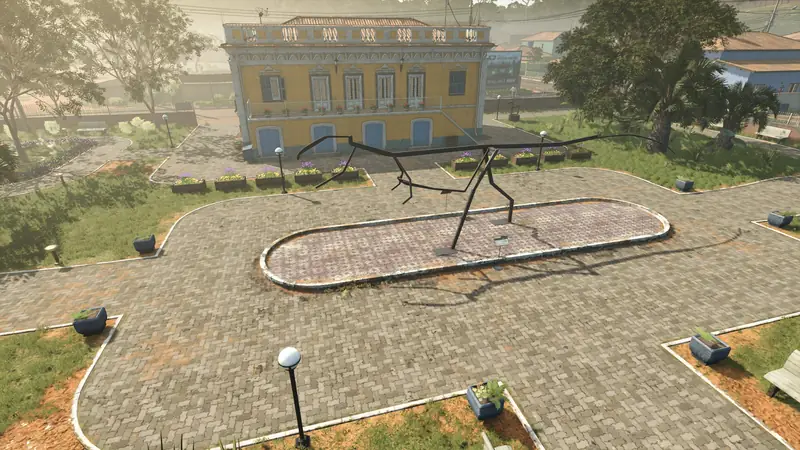 Empty dinosaur frame in front of the Catuai museum