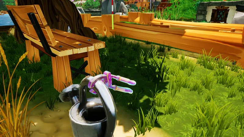Rainbow wrench on a watering can handle next to a wooden bench