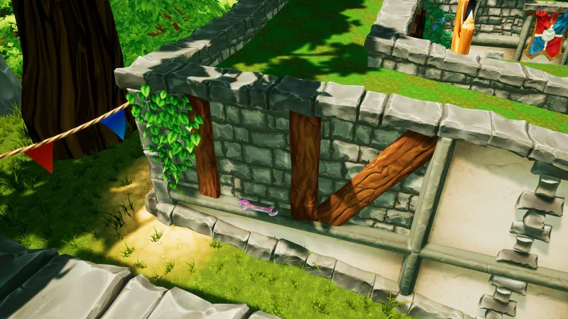 Small rainbow wrench on the outer stone wall of hole 9