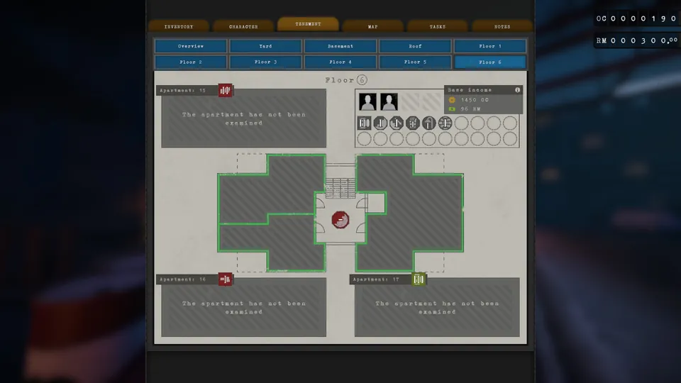 Tenement menu showing Jarmo Pettinen's income and needs