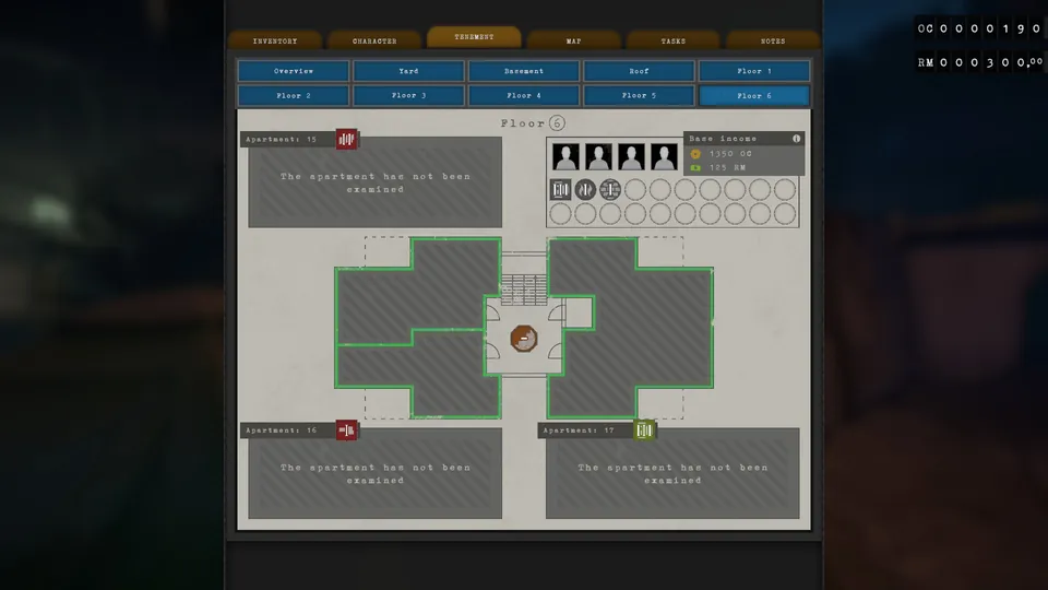 Tenement menu showing Ingrid Claesson's income and needs