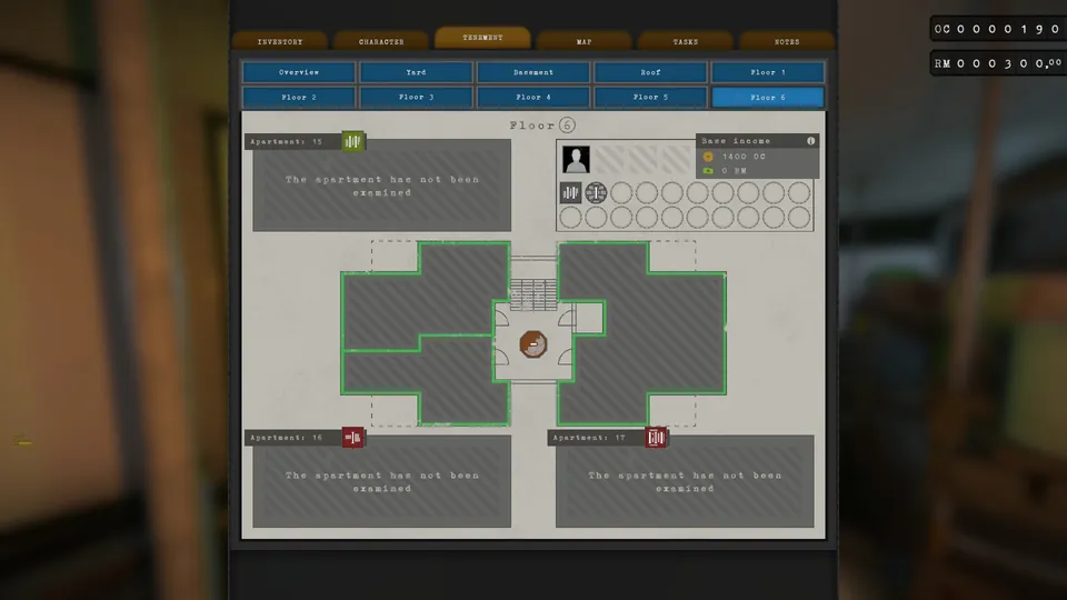 Tenement menu showing Sara Claine's income and needs