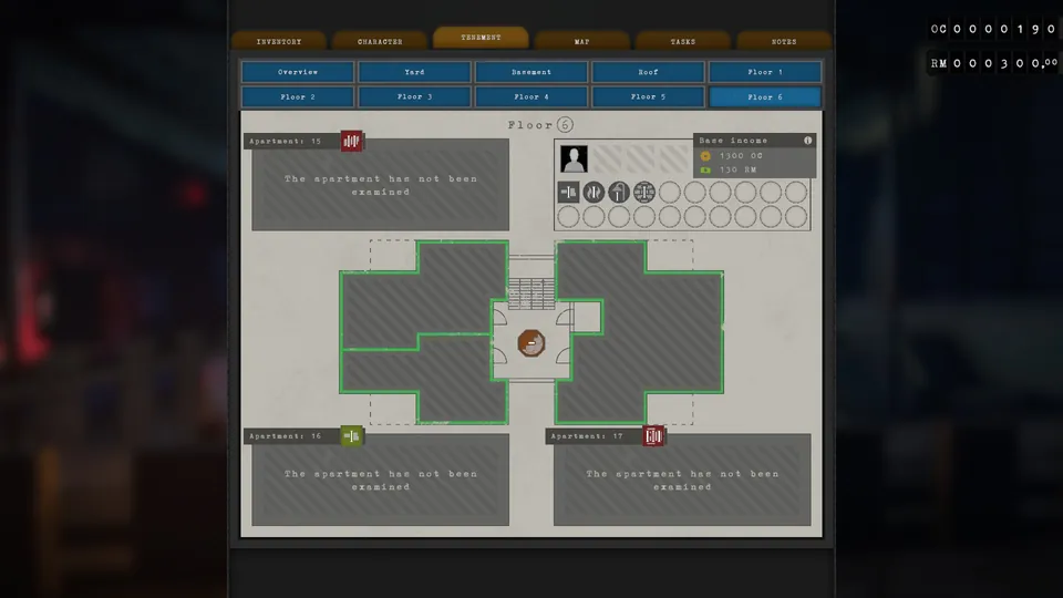 Tenement menu showing Nina Lund's income and needs