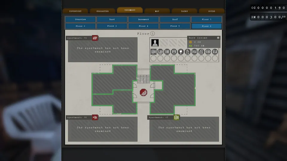 Tenement menu showing Jesper Kumpula's income and needs