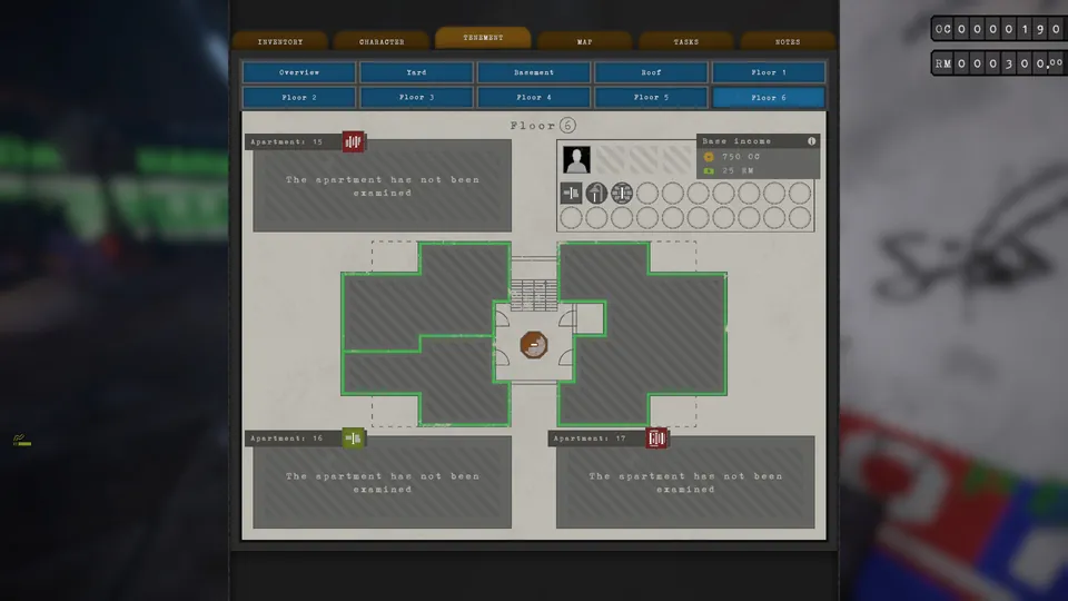 Tenement menu showing Pera Harju's income and needs