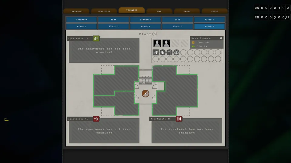 Tenement menu showing Leon Borg's income and needs