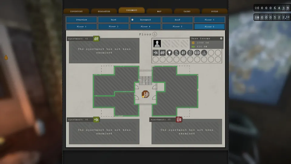Tenement menu showing Taneli Kurju's income and needs
