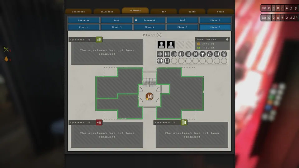 Tenement menu showing Kirka Kääbus's income and needs