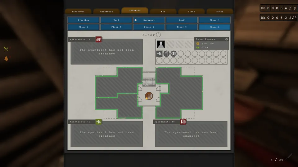 Tenement menu showing Aleksi Kivi's income and needs