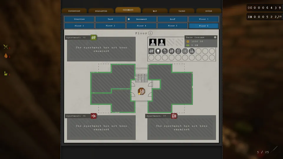 Tenement menu showing Amanda Korhonen's income and needs