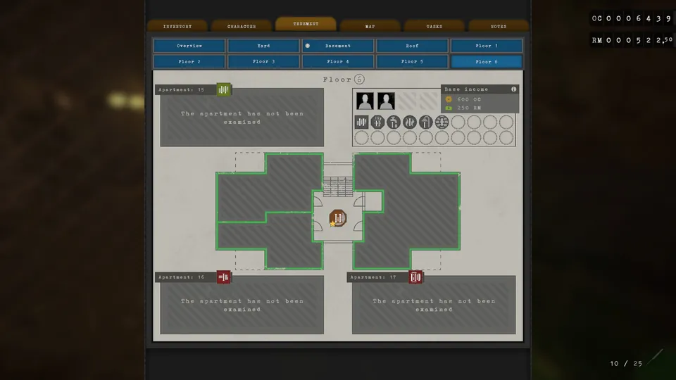 Tenement menu showing Vivi Bondar's income and needs