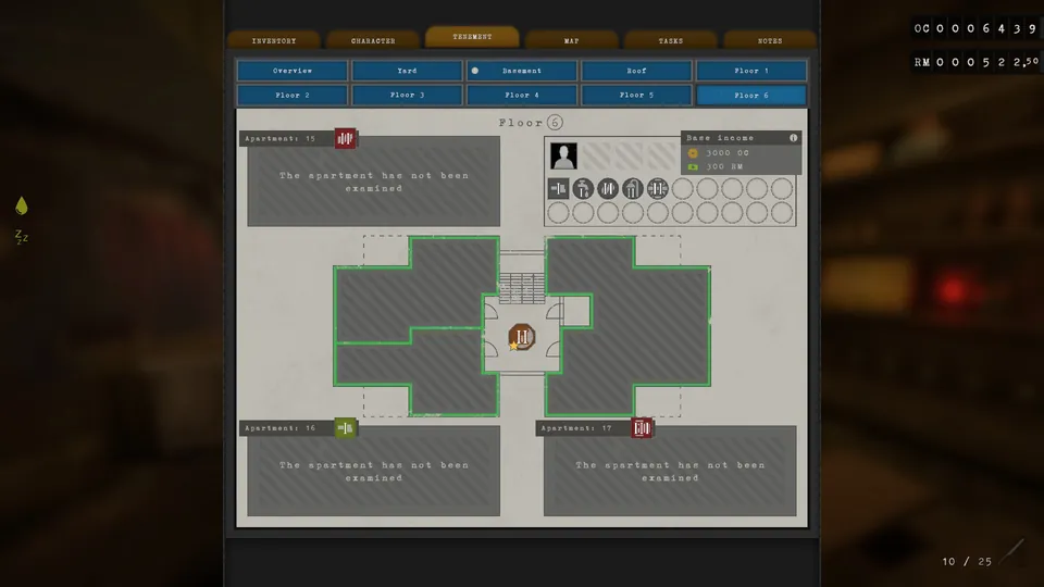 Tenement menu showing Ville Sköldgangster's income and needs