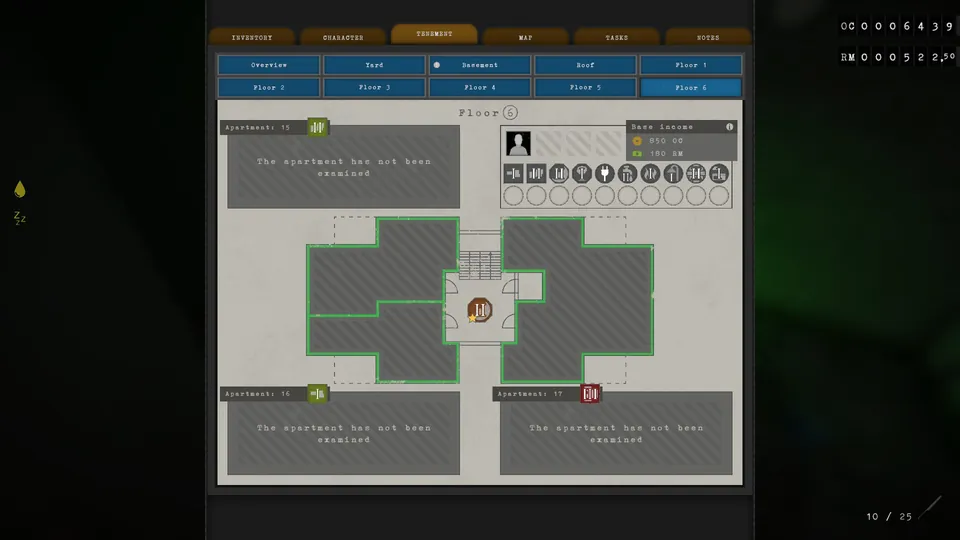 Tenement menu showing Jonne Reis's income and needs