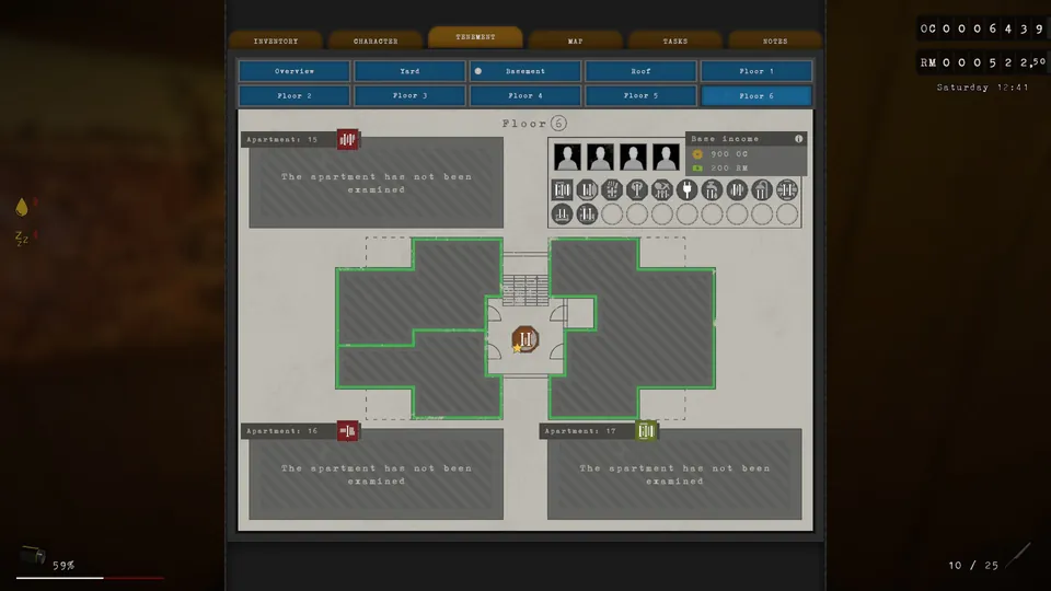 Tenement menu showing Einar Kaivuri's income and needs