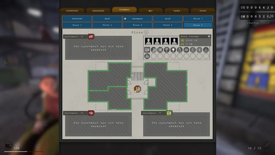Tenement menu showing Tapani Kattila's income and needs