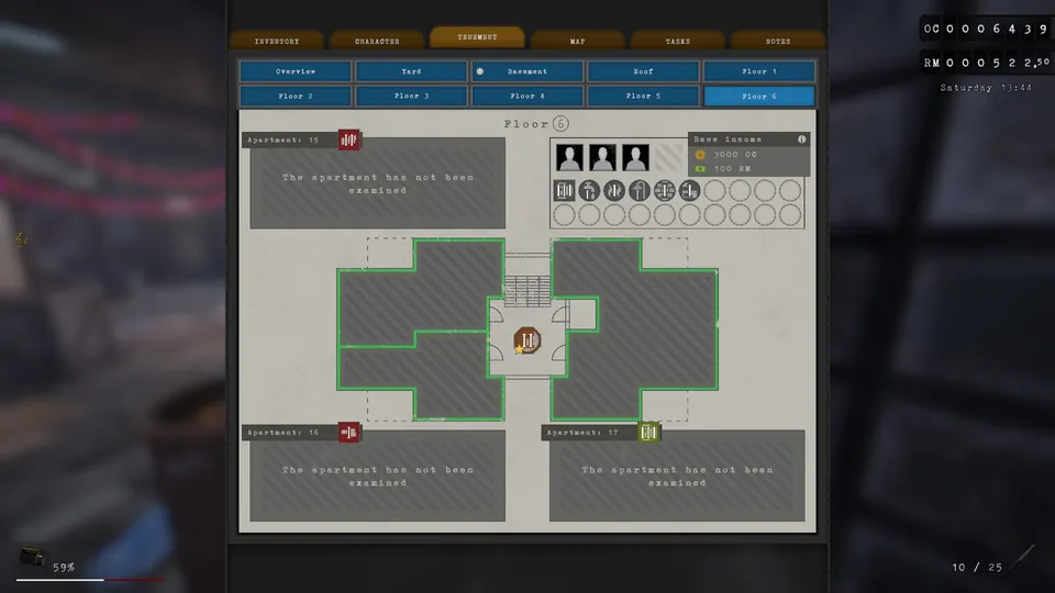 Tenement menu showing Lasse Lurjus's income and needs