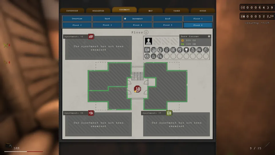 Tenement menu showing Director Murhapuro's income and needs