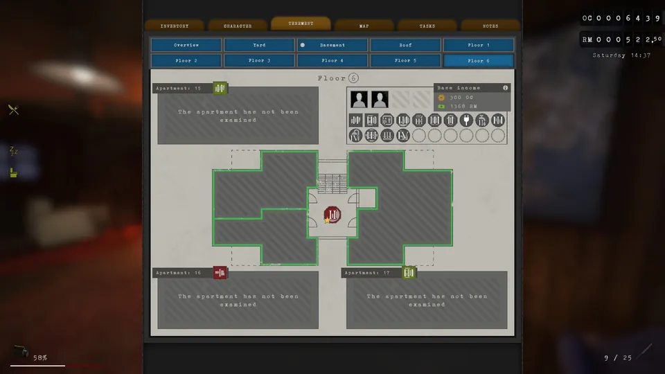 Tenement menu showing Per Otter's income and needs