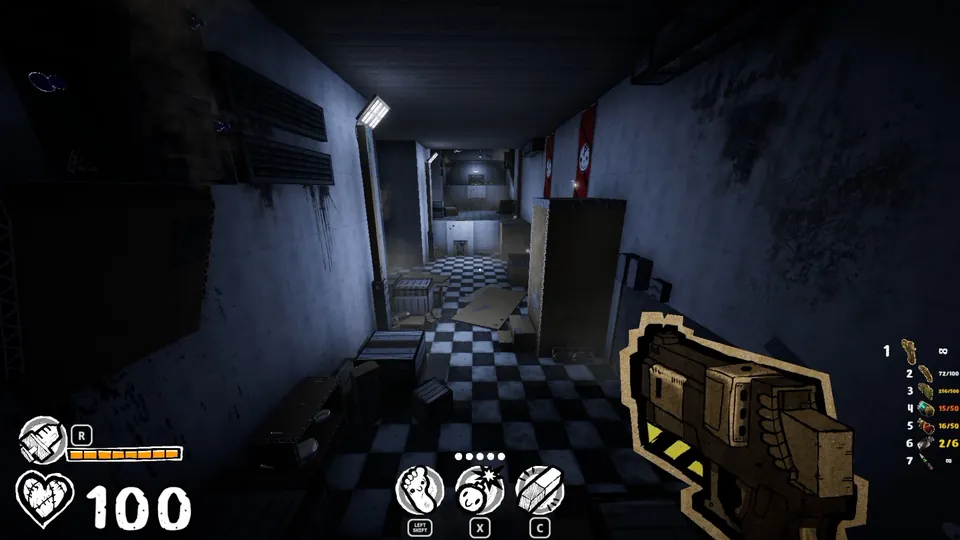 Metal platforms with vents in the dark hallway