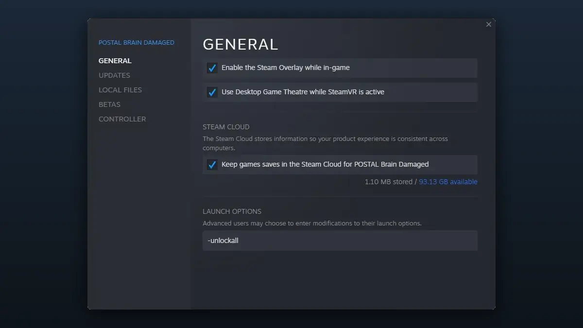 Postal Brain Damaged unlockall launch option in Steam properties