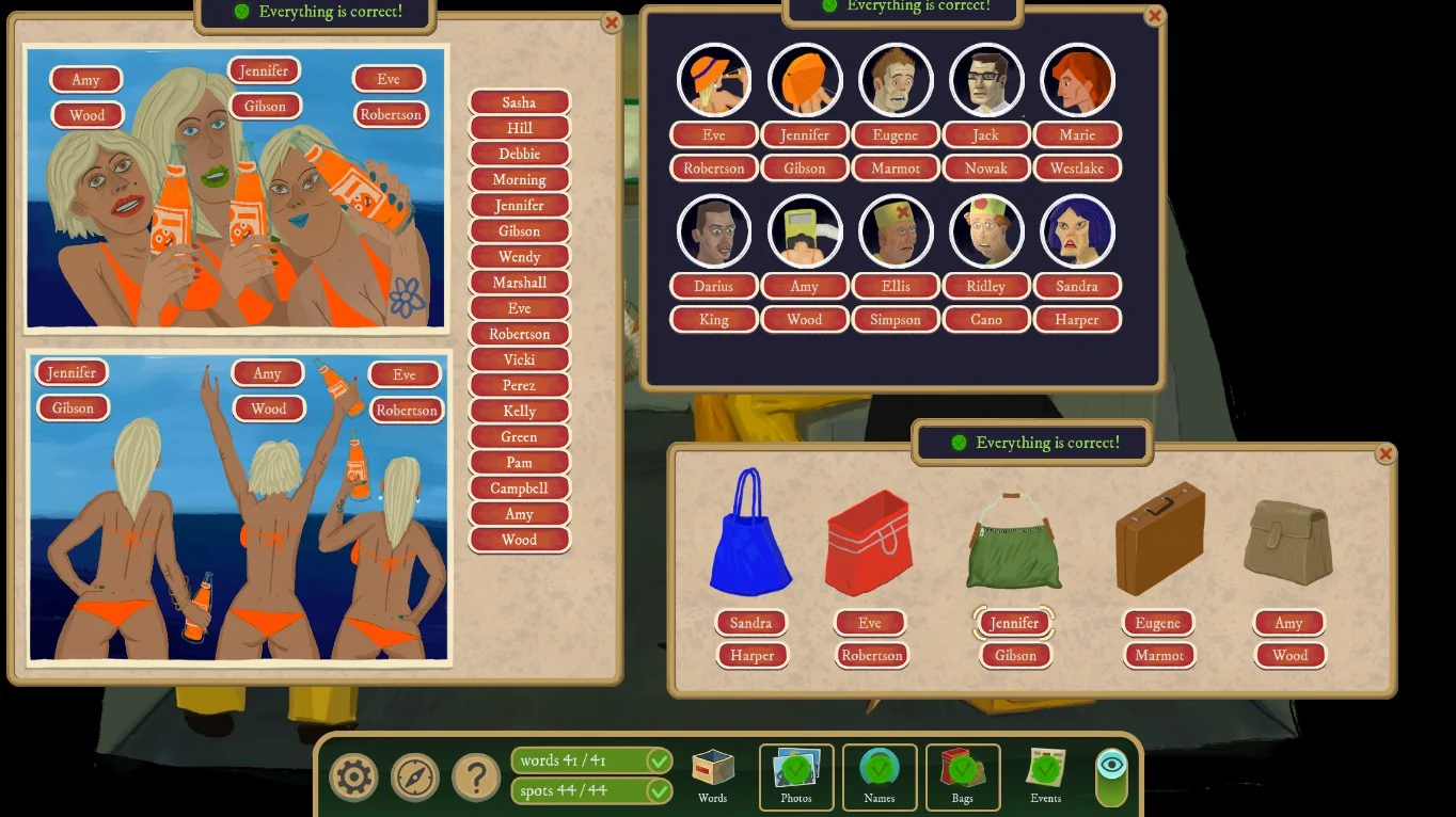 Rise of the Golden Idol Beach Trip solution with the completed photos, names and bags scrolls