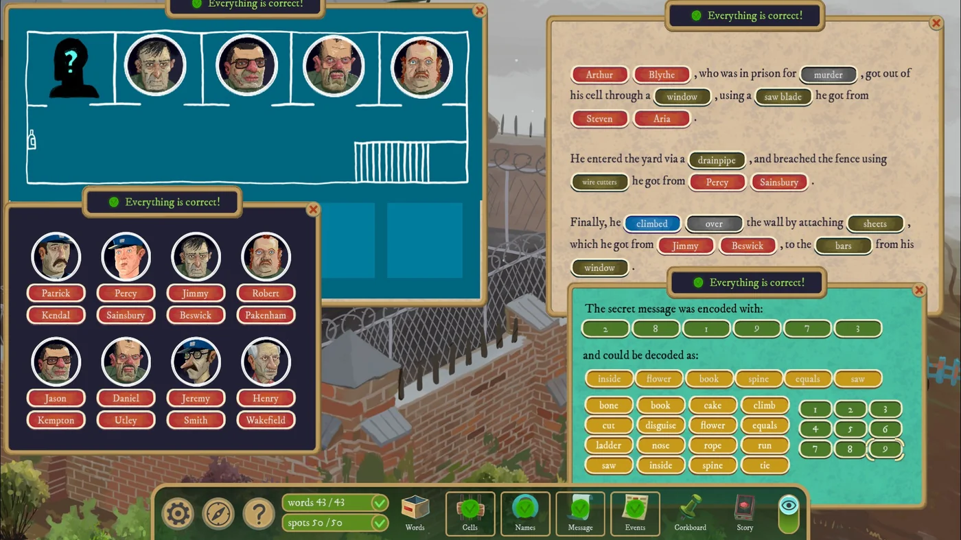 Rise of the Golden Idol Behind Bars solution with the completed names, message and events scrolls